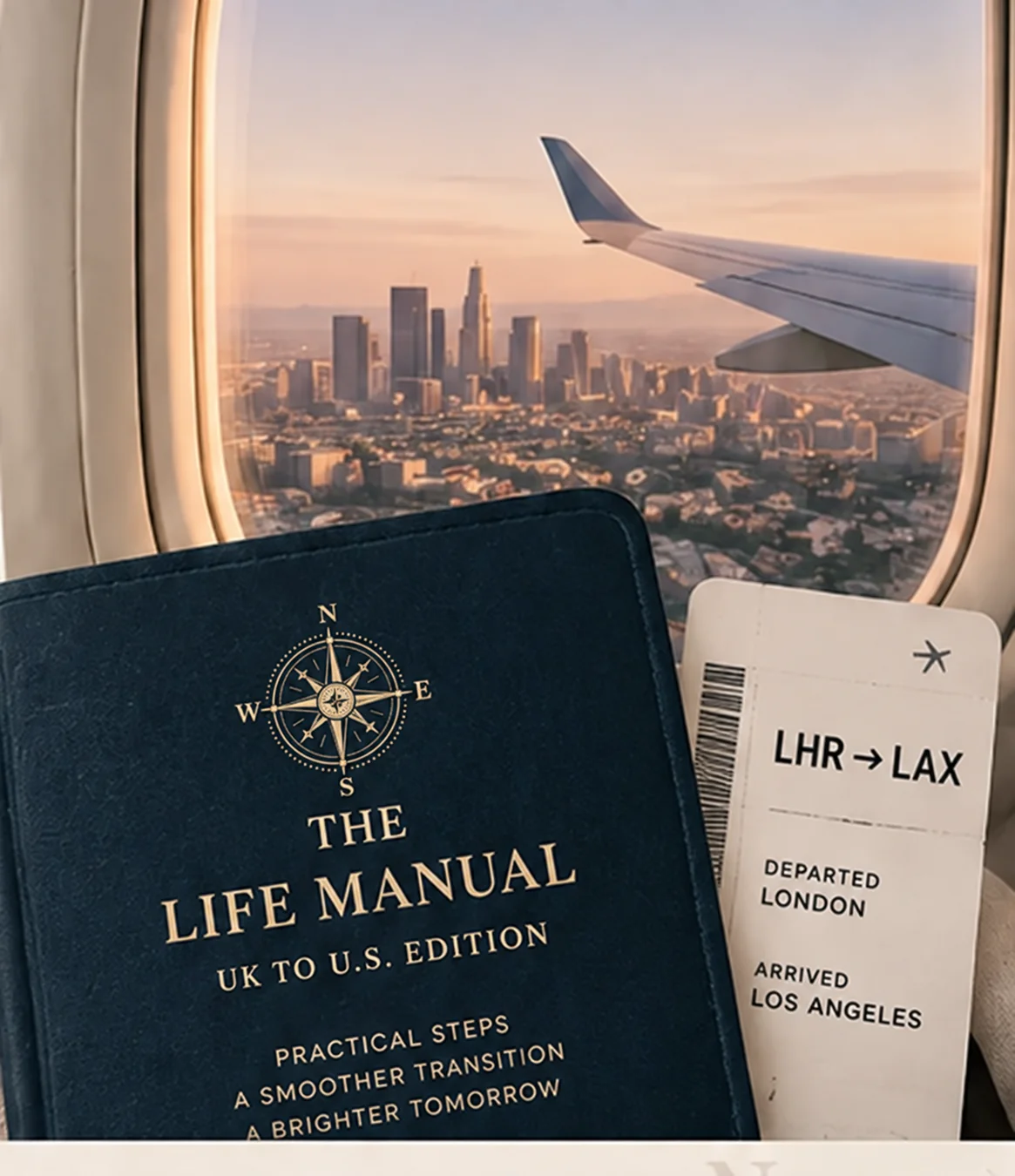 The Life Manual UK to U.S. Edition with a plane window overlooking Los Angeles and an LHR to LAX boarding pass
