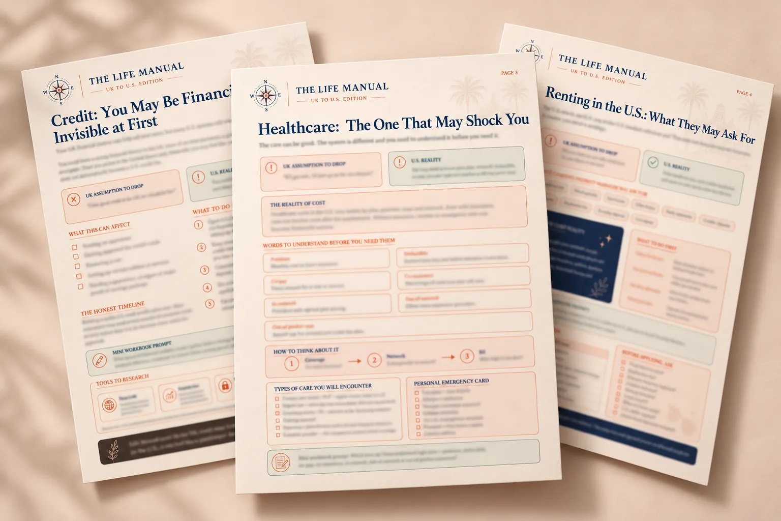 A layered preview of Credit, Healthcare and Renting workbook pages with the detailed text intentionally obscured